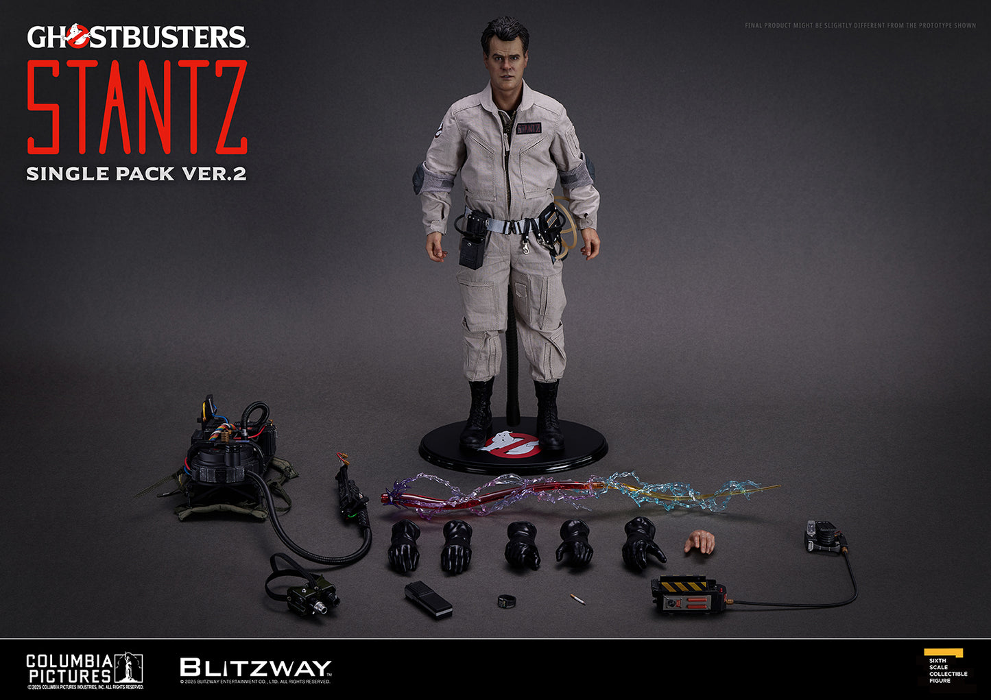 Blitzway Ghostbusters Ray Stantz Ver.2 1/6 scale action figure with accessories including proton pack, ghost trap, effect part, radio, and extra hands