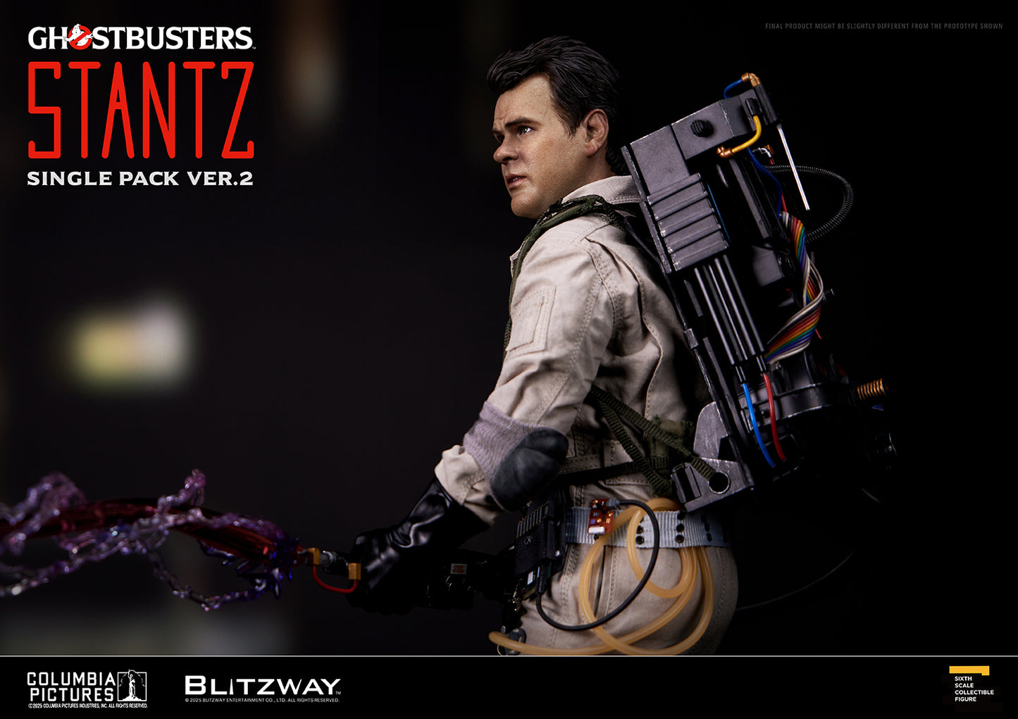 Side view of Blitzway Ghostbusters Ray Stantz Ver.2 1/6 scale action figure with detailed proton pack and energy stream effect