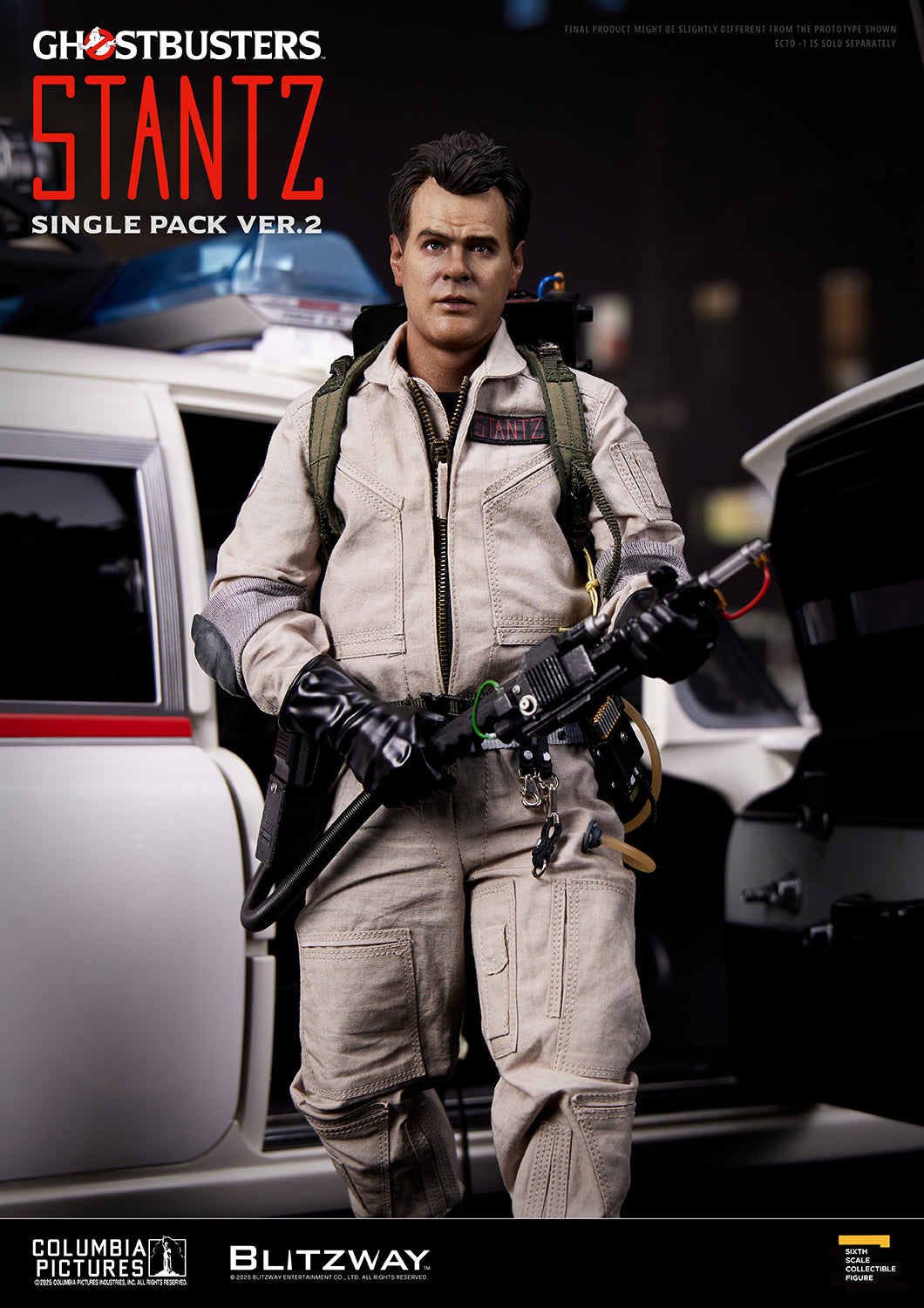 Blitzway Ghostbusters Ray Stantz Ver.2 1/6 scale action figure holding proton blaster in front of Ecto-1, featuring screen-accurate costume and gear