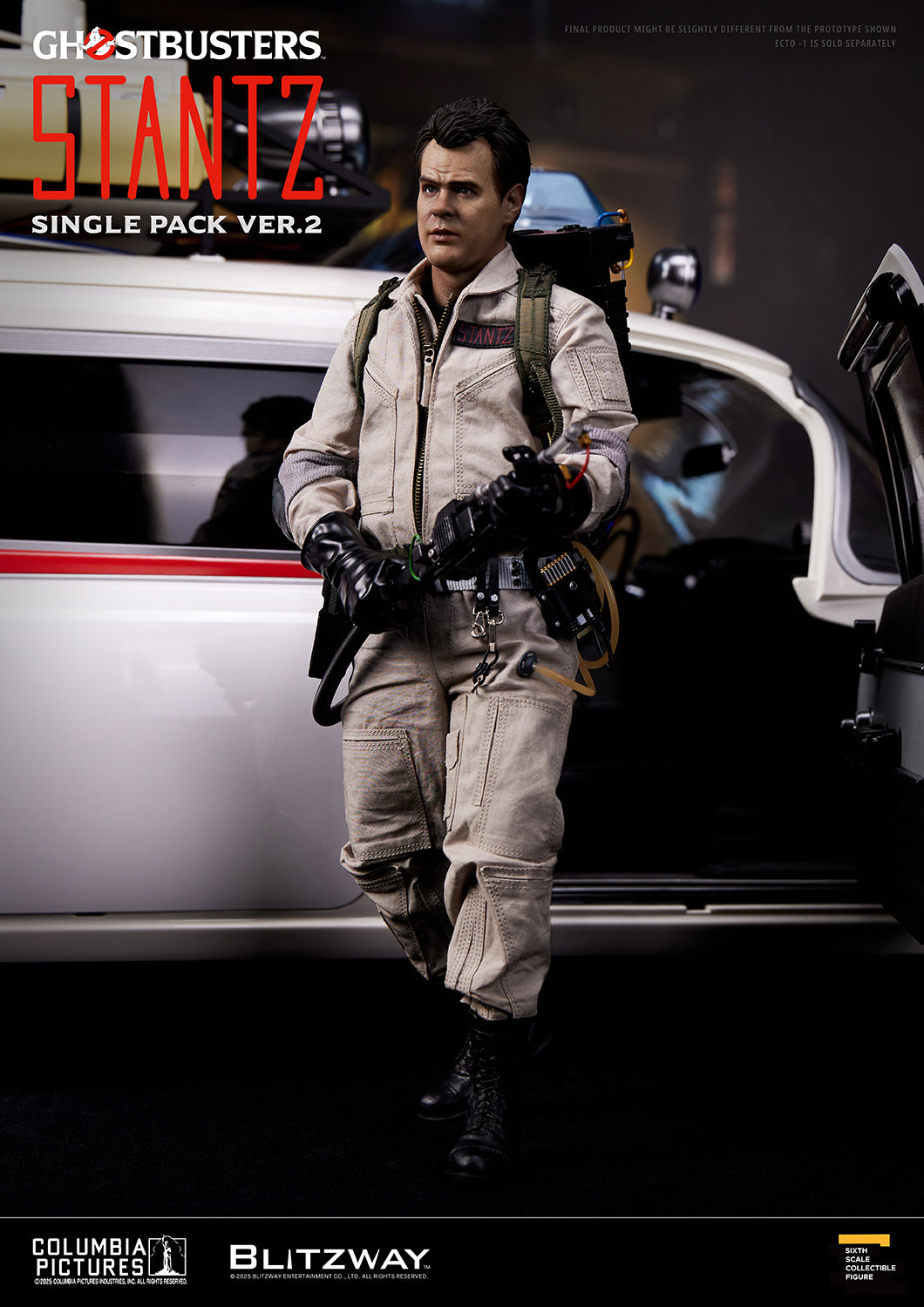 Blitzway Ghostbusters Ray Stantz Ver.2 1/6 scale action figure stepping out of Ecto-1 with proton blaster and full gear