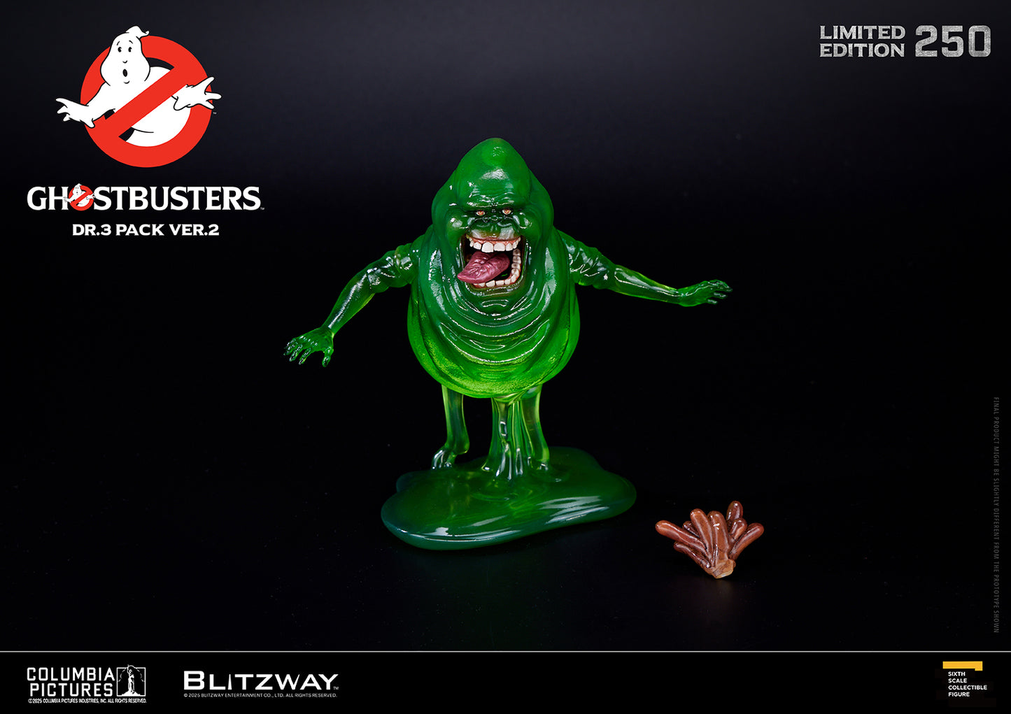 Ghostbusters Dr.3 Pack Ver.2 Slimer accessory by Blitzway – translucent green Slimer figure with open mouth and tongue out, displayed with alternate food piece accessory, part of limited edition set of 250