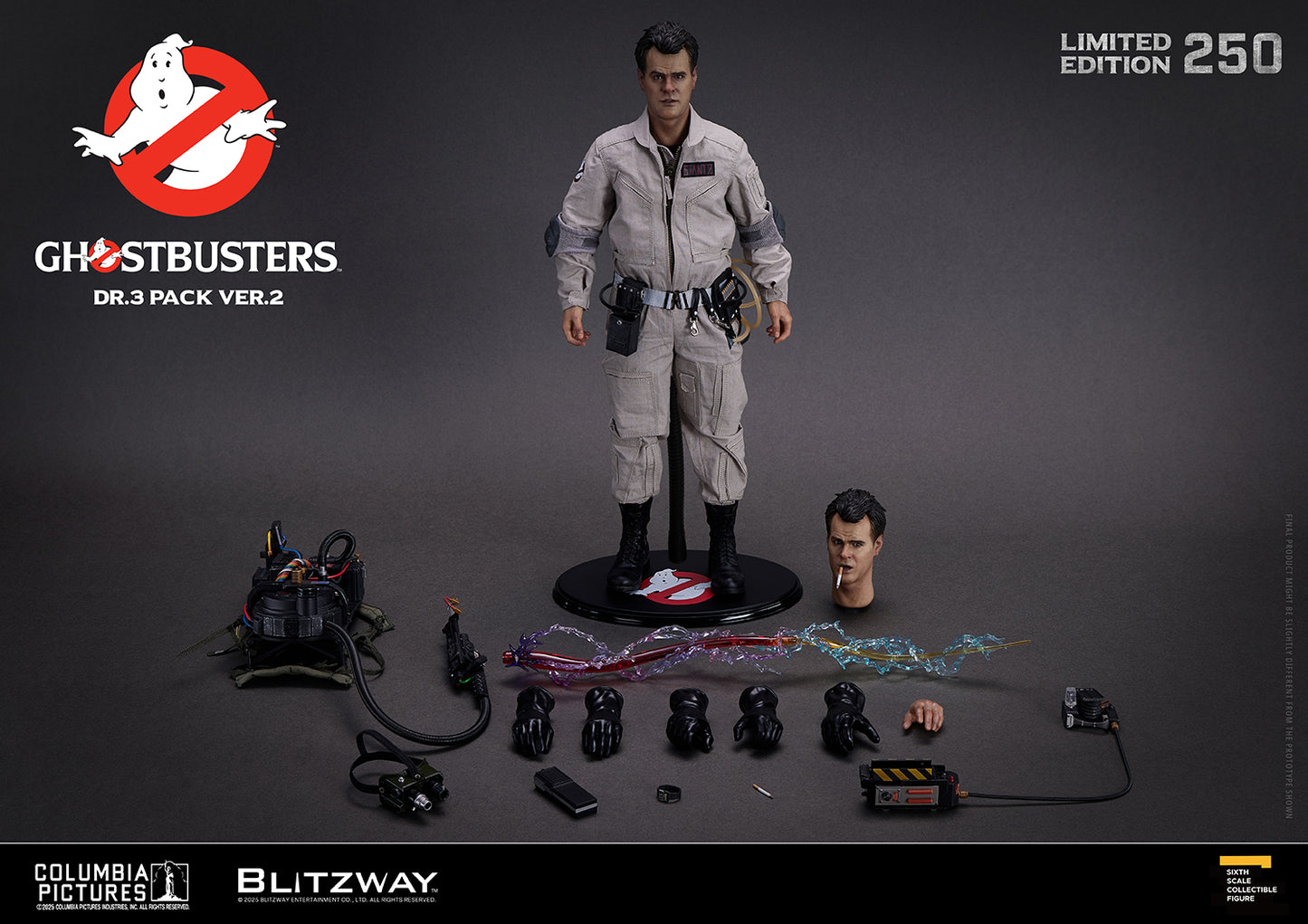 Ghostbusters Dr.3 Pack Ver.2 Raymond Stantz 1/6 scale action figure by Blitzway – full display with figure, alternate smoking head, proton pack, Neutrona wand, PKE meter, ghost trap, effect parts, and multiple interchangeable hands, limited edition of 250