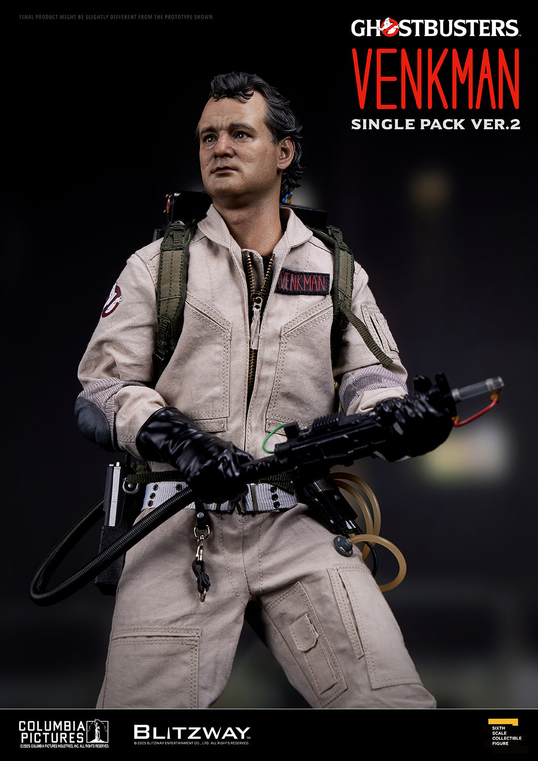Close-up of Blitzway Ghostbusters Peter Venkman Single Pack Ver.2 1/6 scale action figure with proton blaster and detailed flight suit
