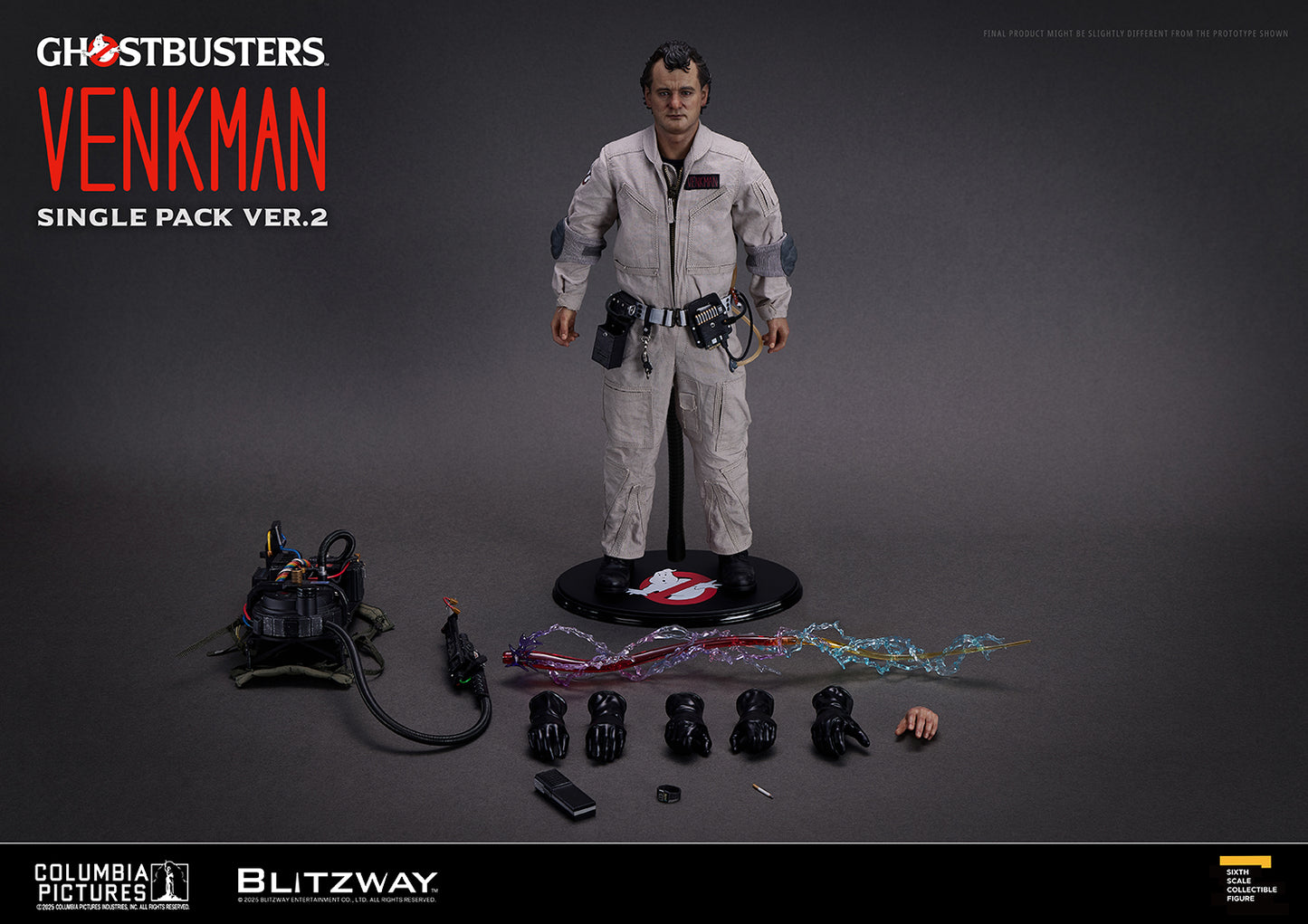 Full accessory layout of Blitzway Ghostbusters Peter Venkman Ver.2 1/6 scale action figure, including proton pack, blaster, effect parts, hands, and stand