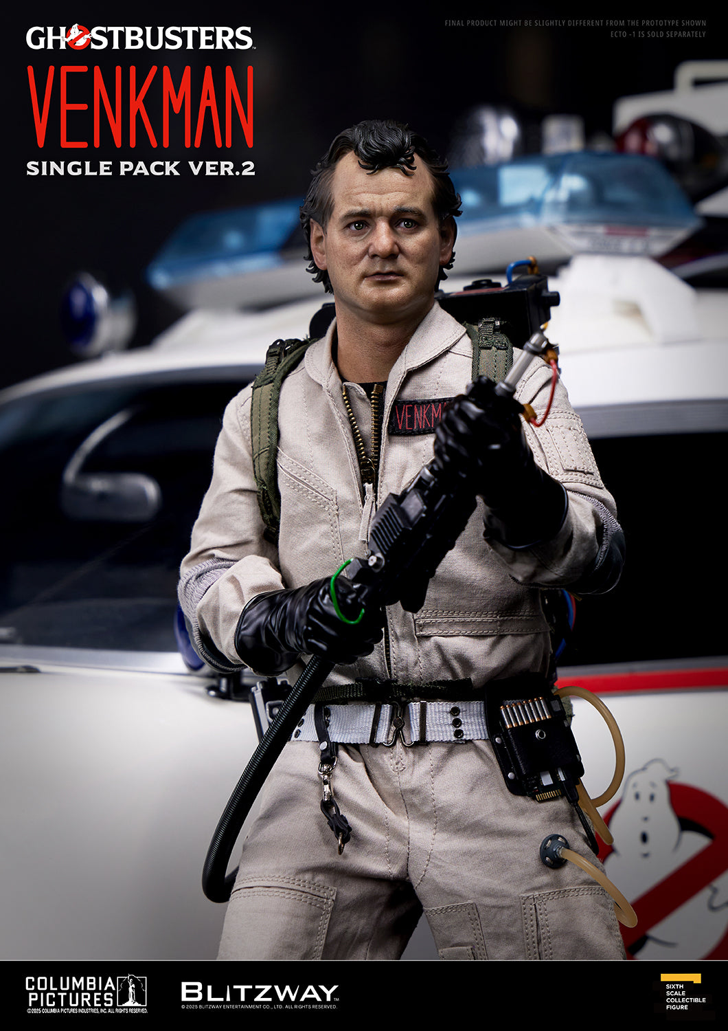 Blitzway Ghostbusters Peter Venkman Ver.2 Single Pack – 1/6 Scale Action Figure featuring proton pack and Ecto-1 background