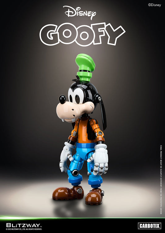 Blitzway Disney Goofy Carbotix collectible figure — robotic die-cast design featuring Goofy with glossy finish, green hat, and mechanical joints, part of Blitzway’s Carbotix series
