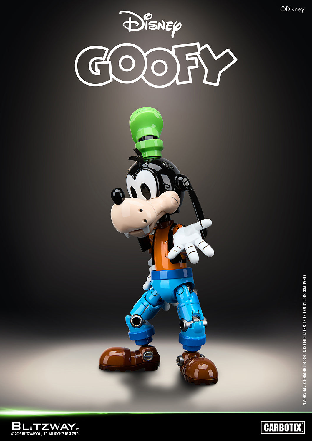 Goofy Carbotix 1/6 scale die-cast action figure by Blitzway in a playful robotic pose with signature green hat and colorful joints