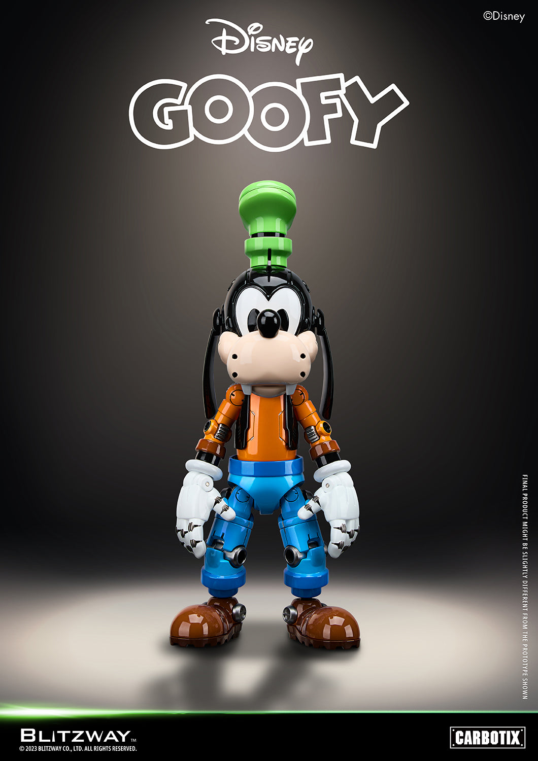 Front view of Blitzway Disney Goofy Carbotix die-cast collectible figure featuring mechanical joints, glossy finish, and signature outfit with green hat and orange shirt
