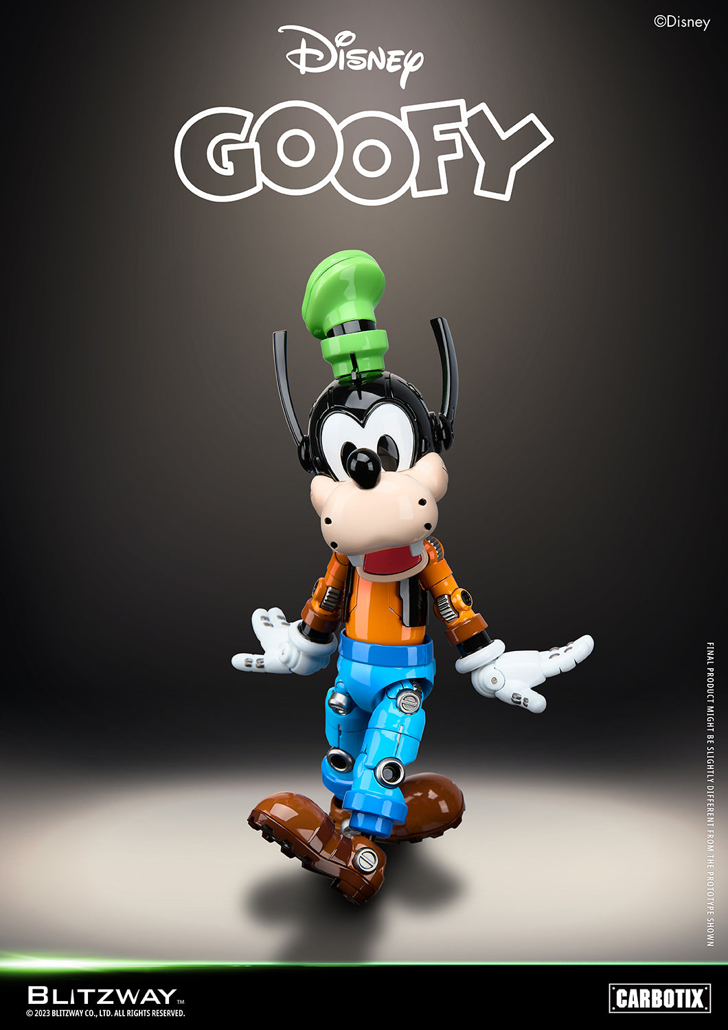 Blitzway Disney Goofy Carbotix die-cast action figure in a surprised pose with expressive hands and open mouth, featuring detailed robotic joints