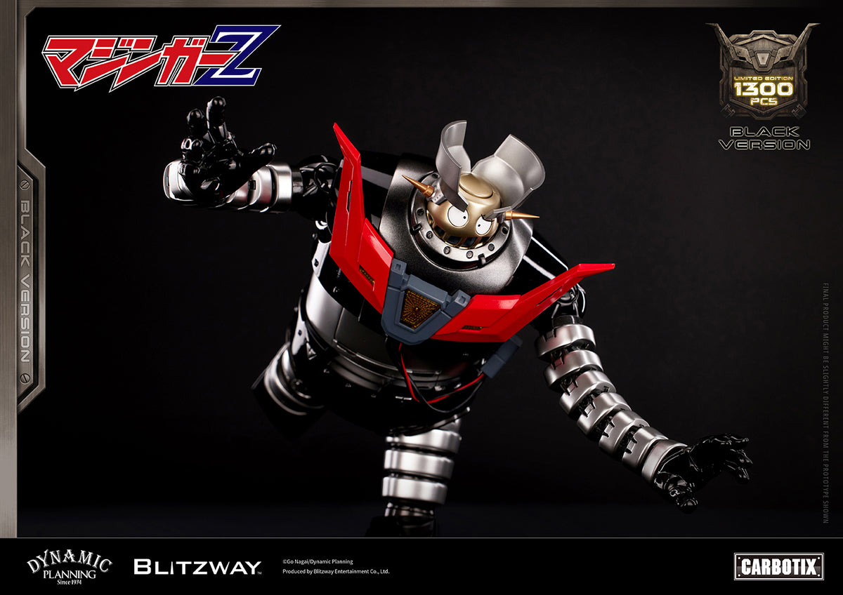 Boss Borot Black Ver. in a dynamic action pose, featuring a glossy black body, metallic silver joints, and pearlescent gold head