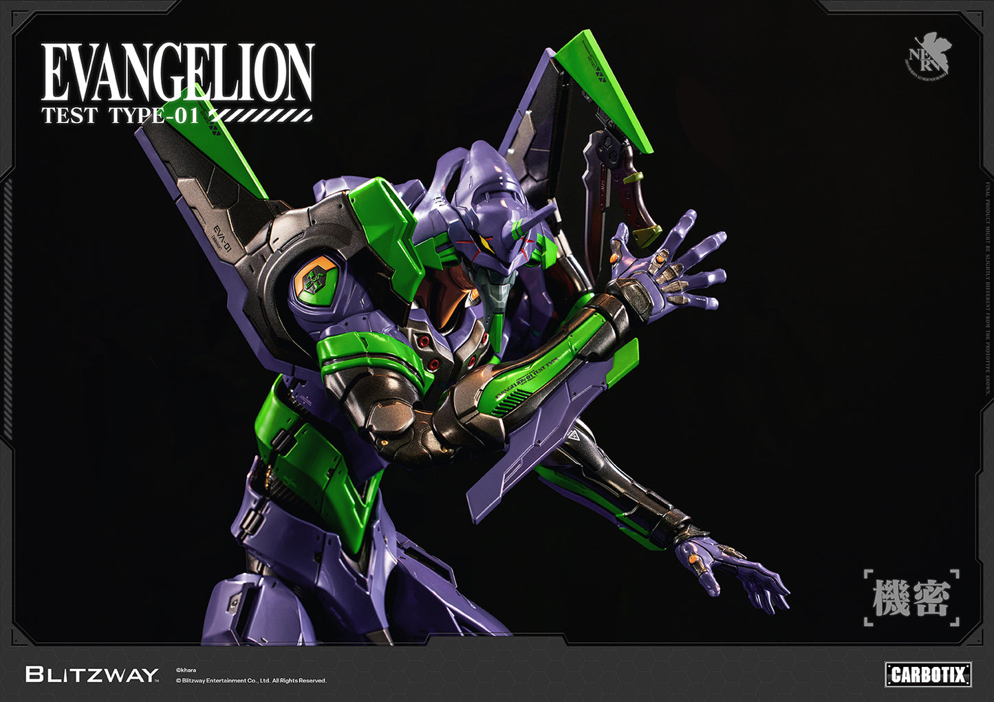 BLITZWAY CARBOTIX Evangelion Unit-01 Test Type in an intense battle pose with outstretched hands and an aggressive stance. Showcases the highly articulated body, intricate mechanical armor, and iconic purple and green color scheme inspired by Rebuild of Evangelion.
