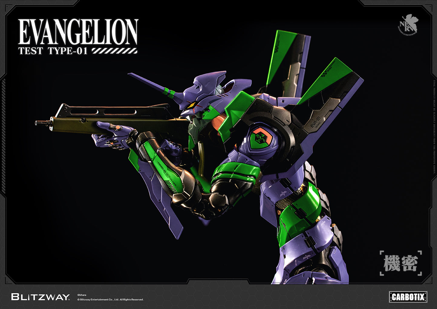 BLITZWAY CARBOTIX Evangelion Unit-01 Test Type aiming the Progressive Rifle in a dynamic combat pose. Showcases the detailed mechanical sculpt, articulated armor, and iconic purple and green color scheme inspired by Rebuild of Evangelion