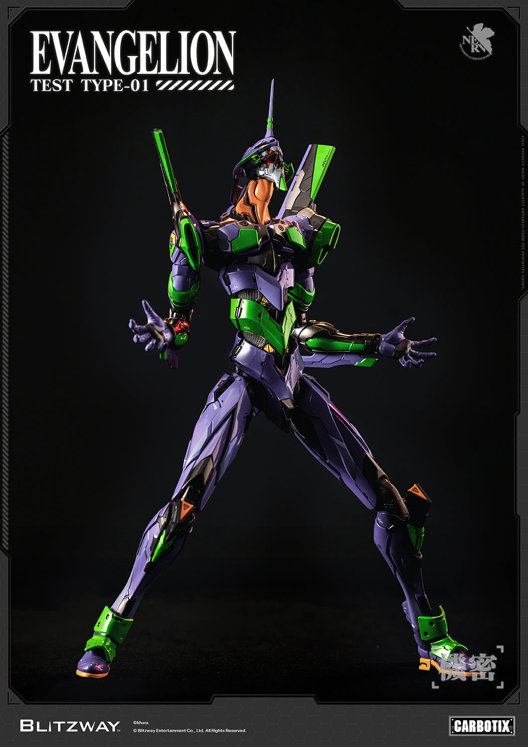Evangelion Unit-01 Test Type CARBOTIX Action Figure by Blitzway in an awakened battle pose, showcasing the iconic aggressive stance, premium mechanical sculpt, and dynamic articulation.