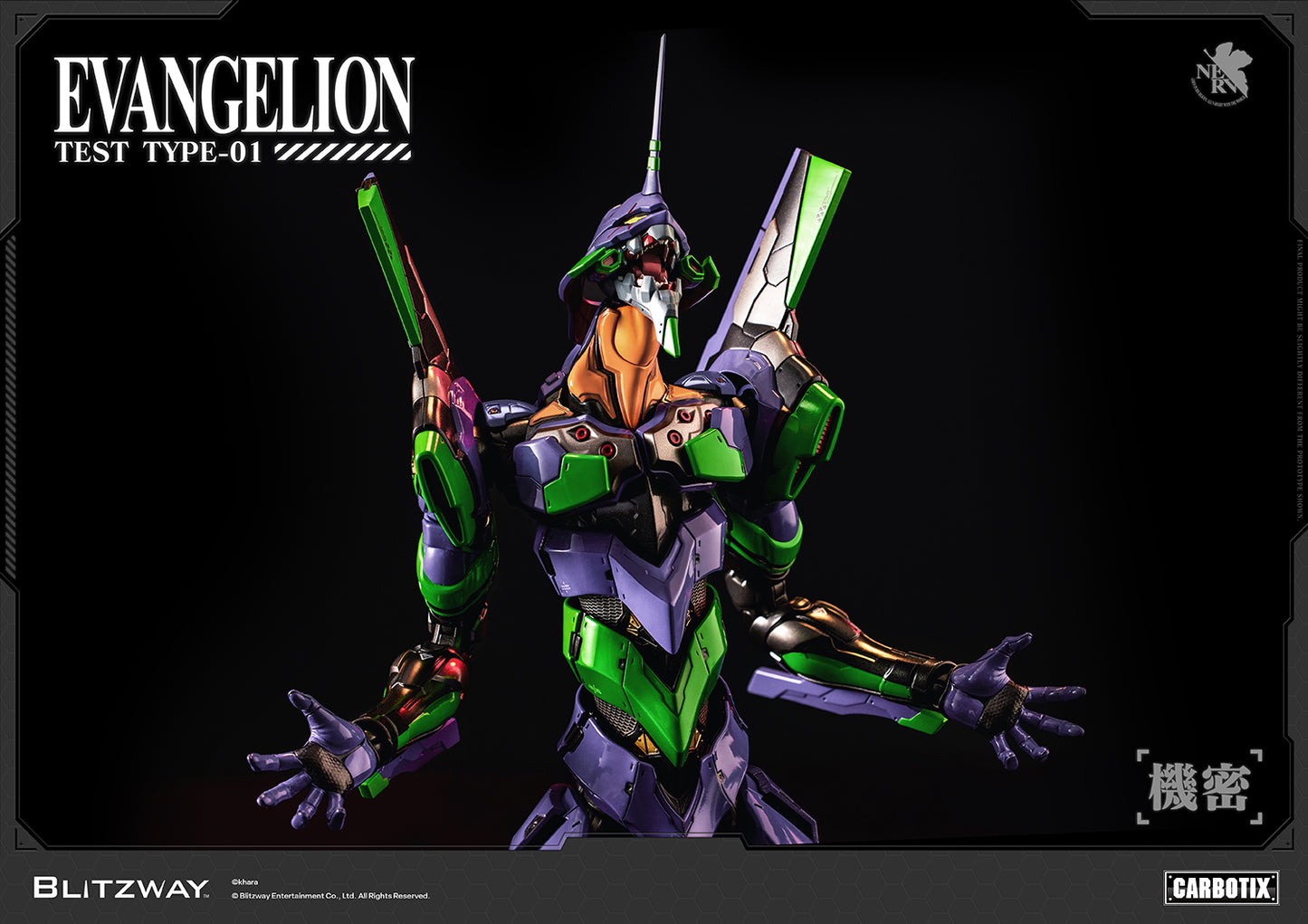 Evangelion Unit-01 Test Type CARBOTIX Action Figure by Blitzway in an awakened roaring pose, featuring an open jaw, premium die-cast construction, articulated joints, and screen-accurate mechanical details.