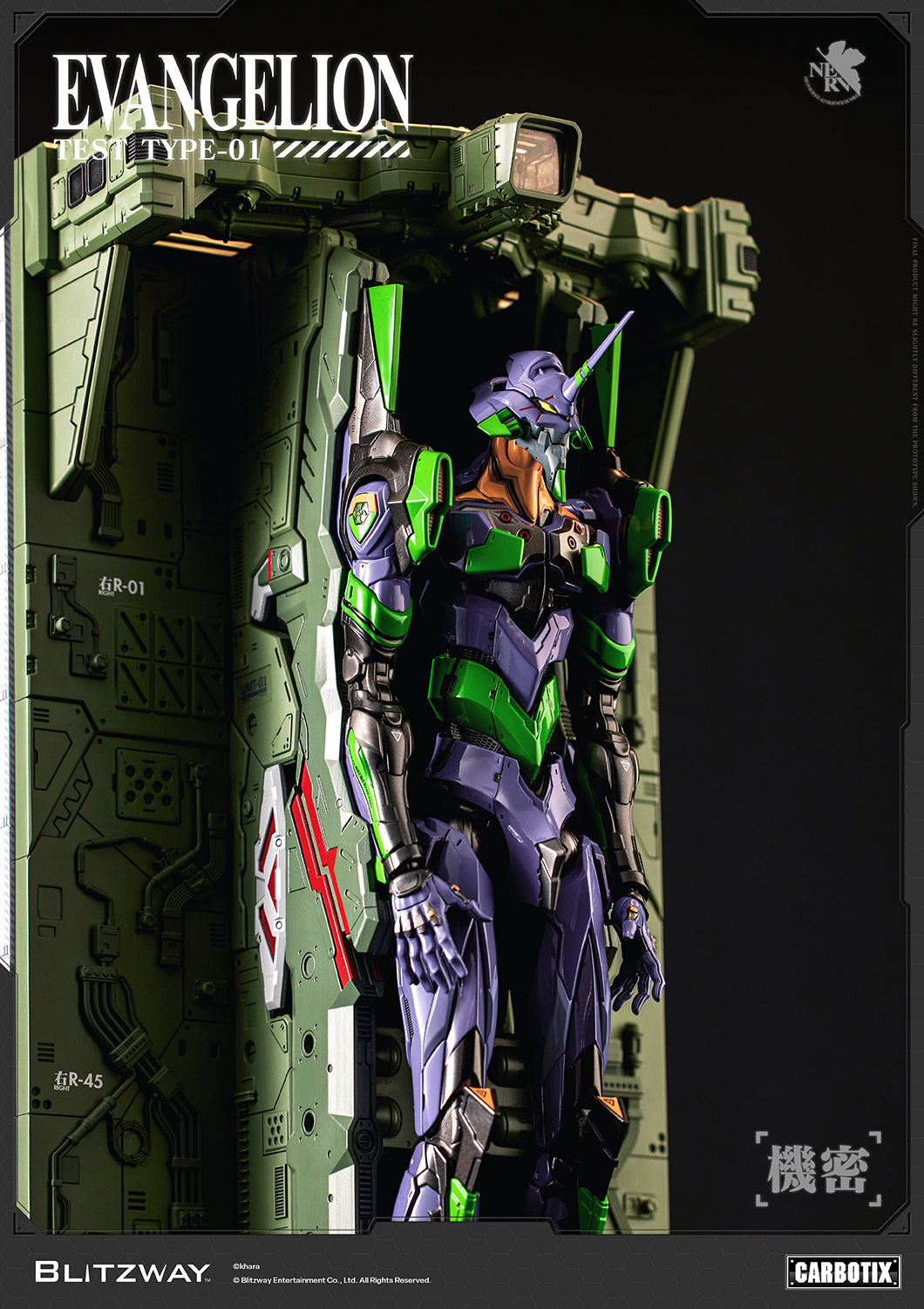 Evangelion Unit-01 Test Type CARBOTIX Action Figure DX Version by Blitzway displayed inside the Launch Cage from an angled view, highlighting the detailed restraint platform and premium mechanical construction.