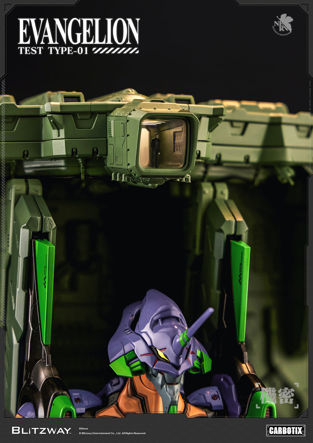 Evangelion Unit-01 Test Type CARBOTIX Action Figure DX Version by Blitzway highlighting the Launch Cage command monitor and upper restraint platform details with the head positioned beneath the structure.