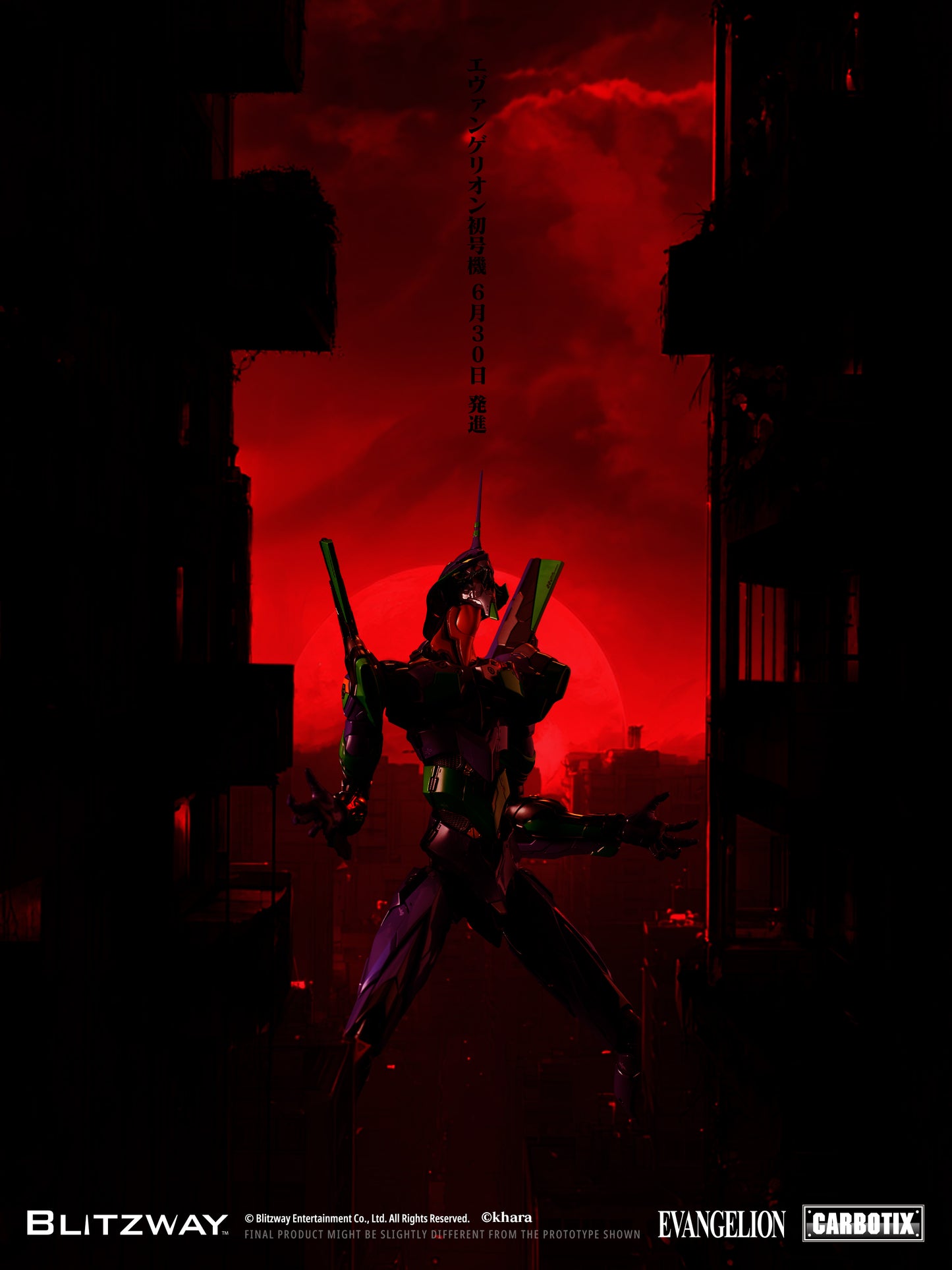 Evangelion Unit-01 Test Type CARBOTIX Action Figure DX Version by Blitzway posed in Neo Tokyo-3 against a dramatic red moon, recreating an iconic launch scene inspired by Rebuild of Evangelion.