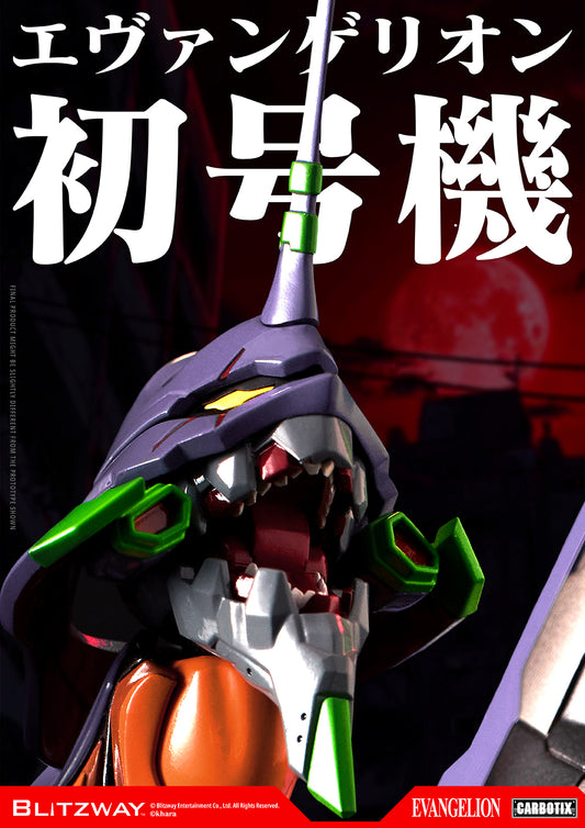 Close-up of the Evangelion Unit-01 Test Type CARBOTIX Action Figure DX Version by Blitzway showcasing the iconic roaring expression, articulated jaw, and highly detailed mechanical head sculpt inspired by Rebuild of Evangelion.