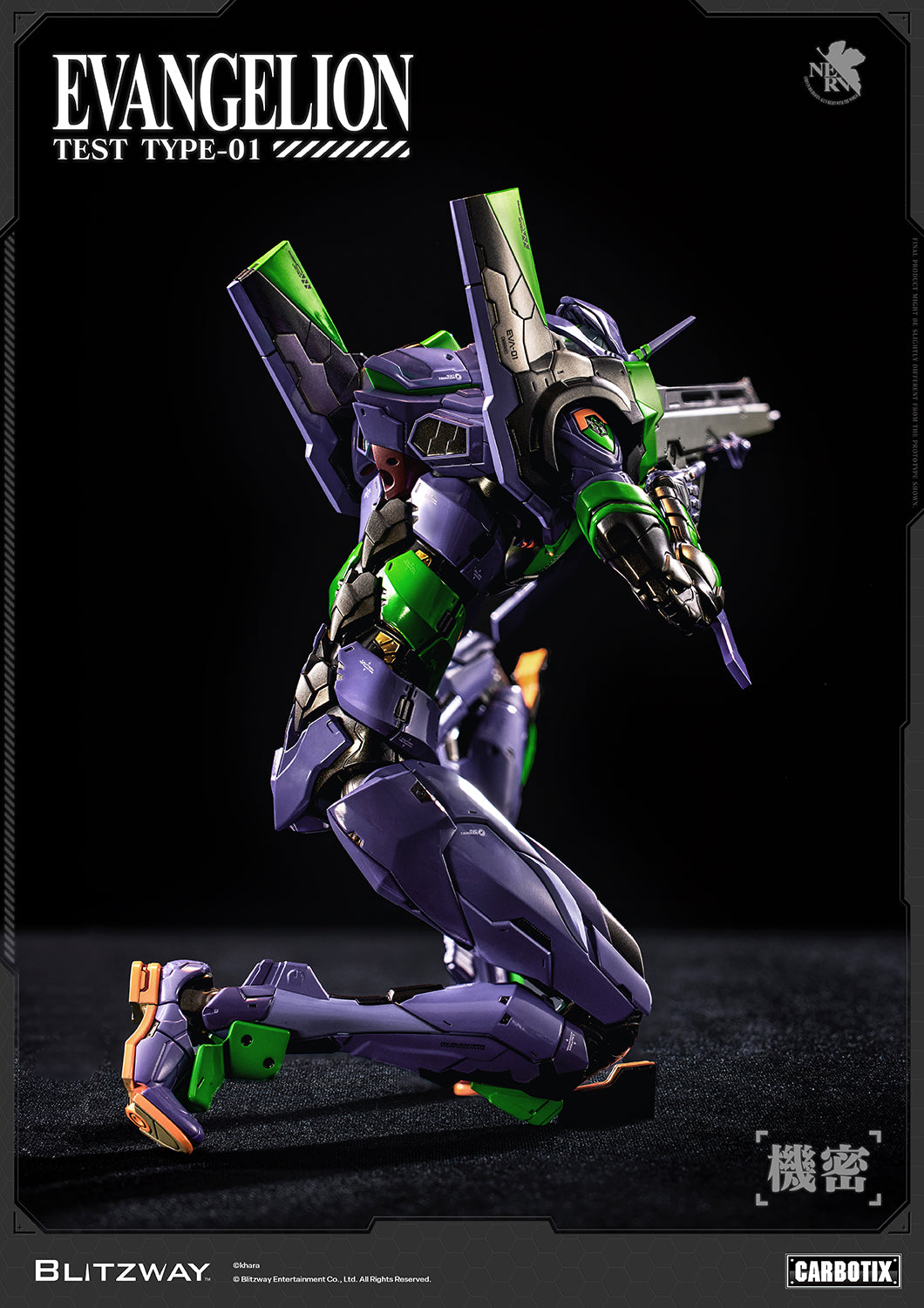 Evangelion Unit-01 Test Type CARBOTIX Action Figure by Blitzway in a kneeling combat pose with the Pallet Rifle, showcasing dynamic articulation, premium die-cast engineering, and screen-accurate mechanical details.