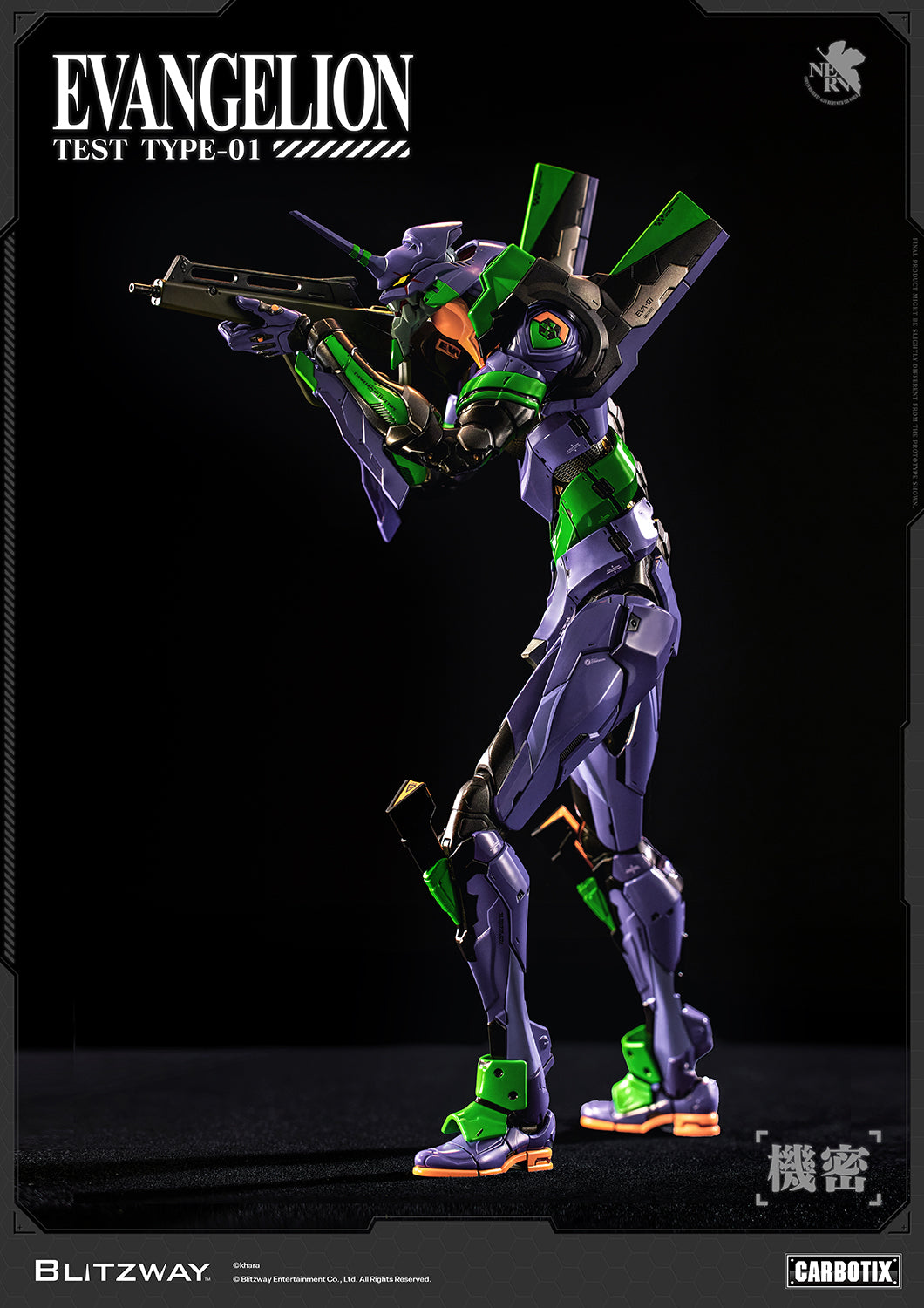 Evangelion Unit-01 Test Type CARBOTIX Action Figure by Blitzway aiming the Pallet Rifle in a dynamic action pose, highlighting premium die-cast construction, articulated joints, and screen-accurate details.