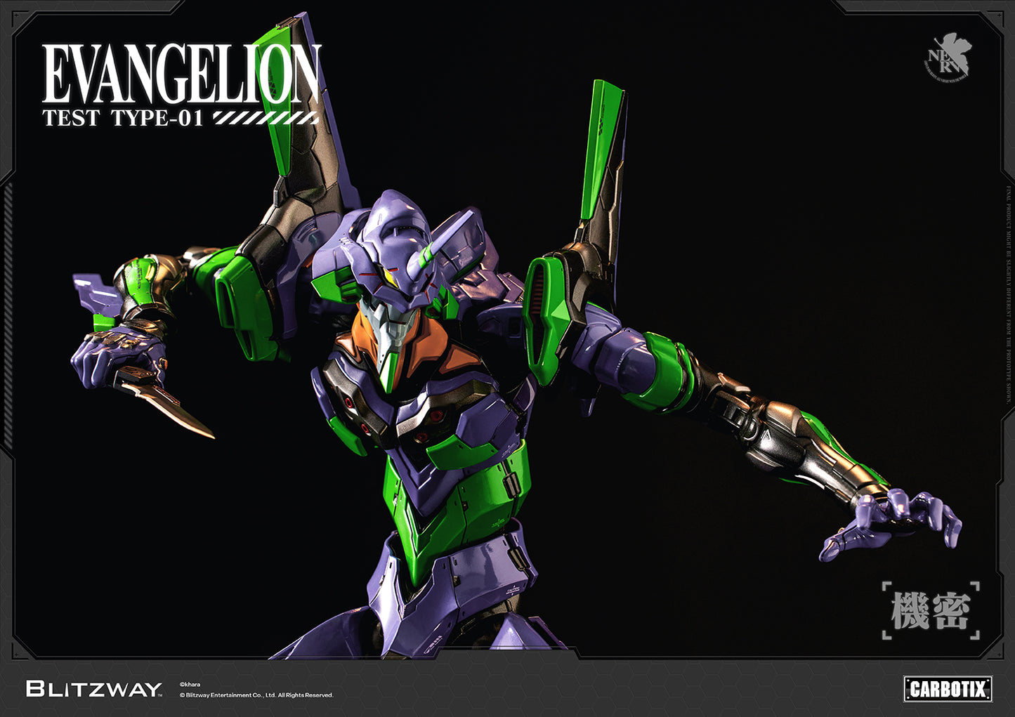 Evangelion Unit-01 Test Type CARBOTIX Action Figure by Blitzway wielding the Progressive Knife in a dynamic attack pose, showcasing premium die-cast construction, articulated joints, and screen-accurate mechanical details.