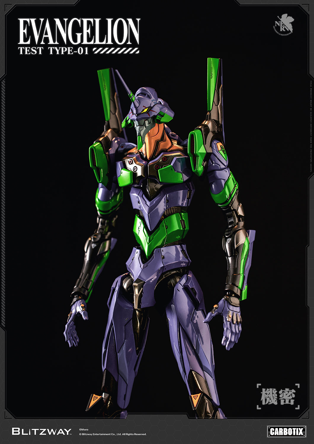 Front view of the Evangelion Unit-01 Test Type CARBOTIX Action Figure by Blitzway, showcasing the screen-accurate design, premium die-cast construction, articulated body, and refined mechanical details.