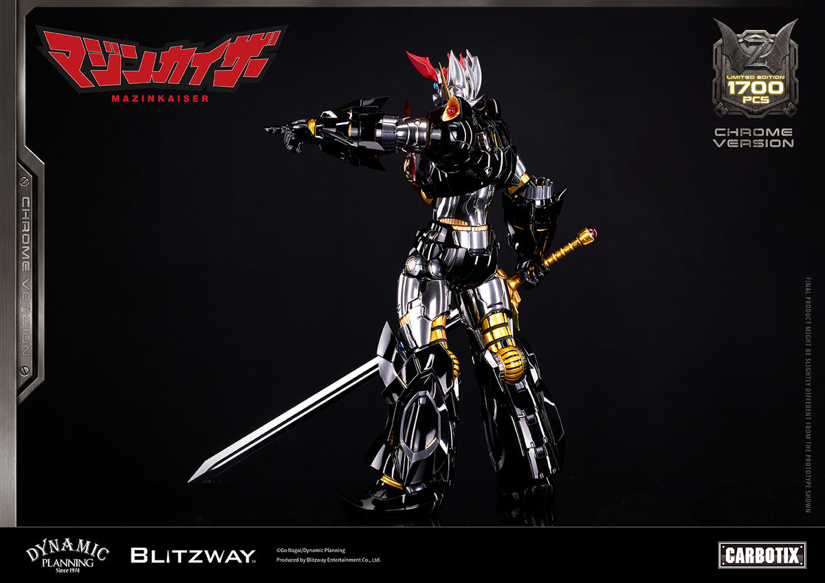BLITZWAY CARBOTIX Mazinkaiser Chrome Ver. shown from a rear three-quarter angle, pointing forward while equipped with the Final Kaiser Blade.