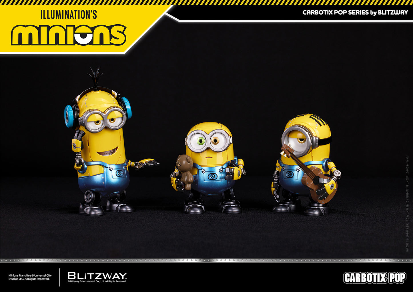 CARBOTIX Pop Minions by Blitzway featuring Kevin wearing headphones, Bob holding Tim the teddy bear, and Stuart playing a guitar. The robot-inspired collectible figures display their signature accessories, articulated mechanical bodies, and expressive poses against a black background.