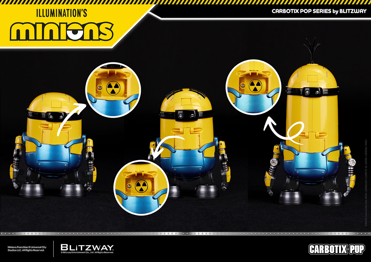 CARBOTIX Pop Minions by Blitzway showcasing the hidden battery compartment. Rear views of Bob, Kevin, and Stuart demonstrate how to open the battery cover for battery installation, highlighting the concealed compartment integrated into the robot-inspired collectible design.