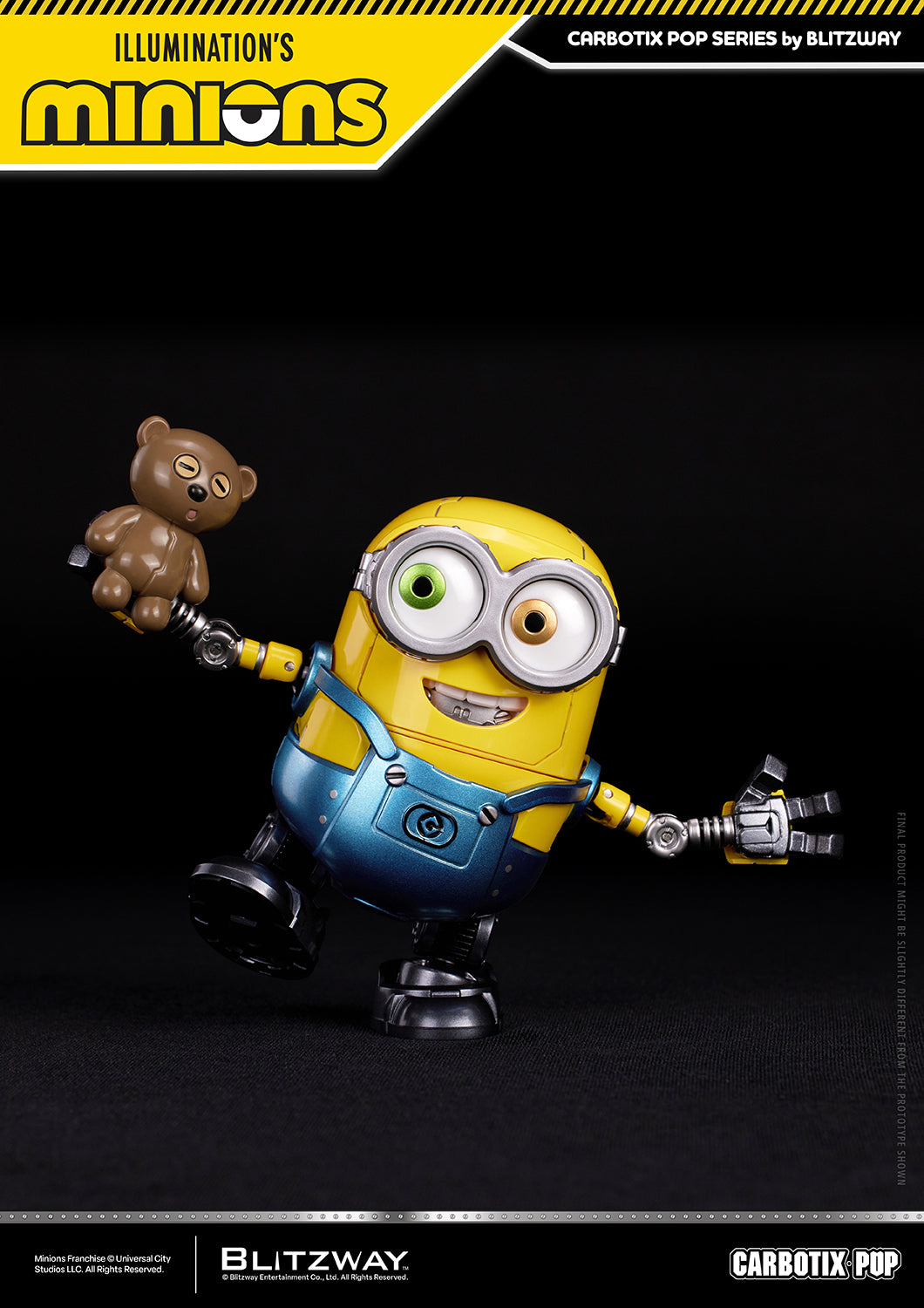 Bob from the CARBOTIX Pop Minions series by Blitzway strikes a playful action pose while holding his teddy bear Tim. The robot-style collectible features Bob's signature mismatched green and brown eyes, articulated limbs, and detailed metallic finish against a black background.