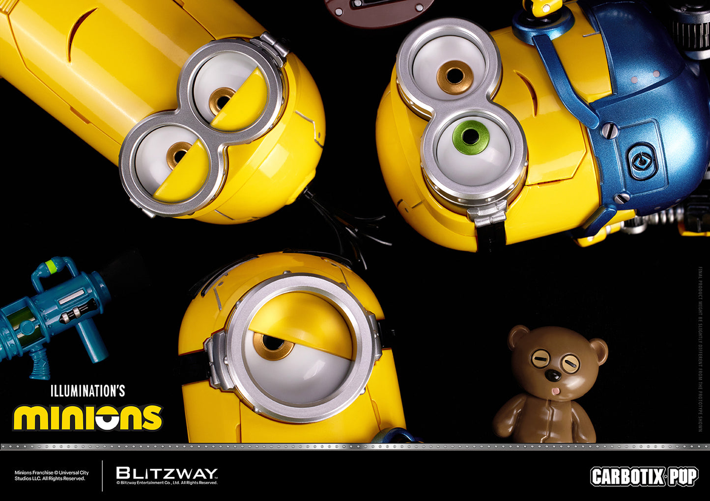 Close-up of the CARBOTIX Pop Minions series by Blitzway featuring Kevin, Bob, and Stuart. The image highlights each character's distinctive eyes and facial details, with Bob's mismatched green and brown eyes, Stuart's single eye, Kevin's half-closed expression, plus Tim the teddy bear and the moving-eye accessory tool.