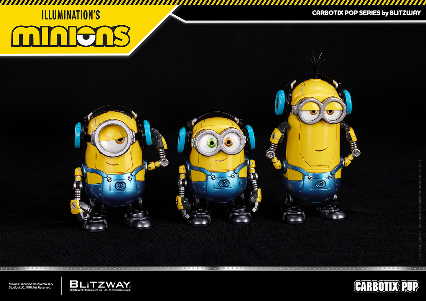 CARBOTIX Pop Minions Stuart, Bob, and Kevin wearing headphone accessories, displayed together with articulated robotic details and expressive faces against a black studio background.