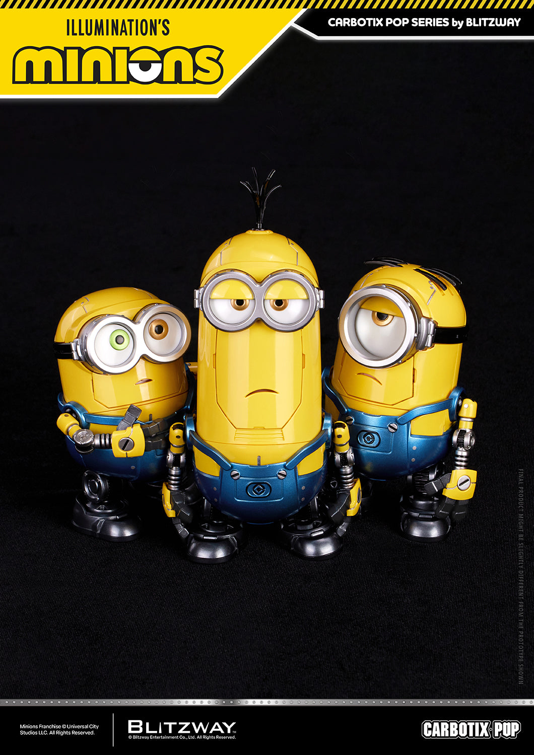 CARBOTIX Pop Minions by Blitzway featuring Bob, Kevin, and Stuart standing together in a group portrait. The robot-inspired collectible figures showcase their signature expressions, articulated mechanical details, and metallic blue overalls against a black background.