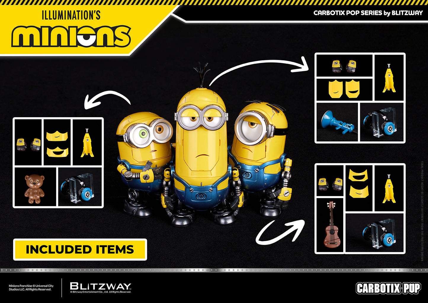 Included items for the CARBOTIX Pop Minions by Blitzway. Displays Bob, Kevin, and Stuart together with each character's exclusive accessories, interchangeable facial expression parts, headphones, banana accessory, Bob's teddy bear, Stuart's ukulele, and display stands.