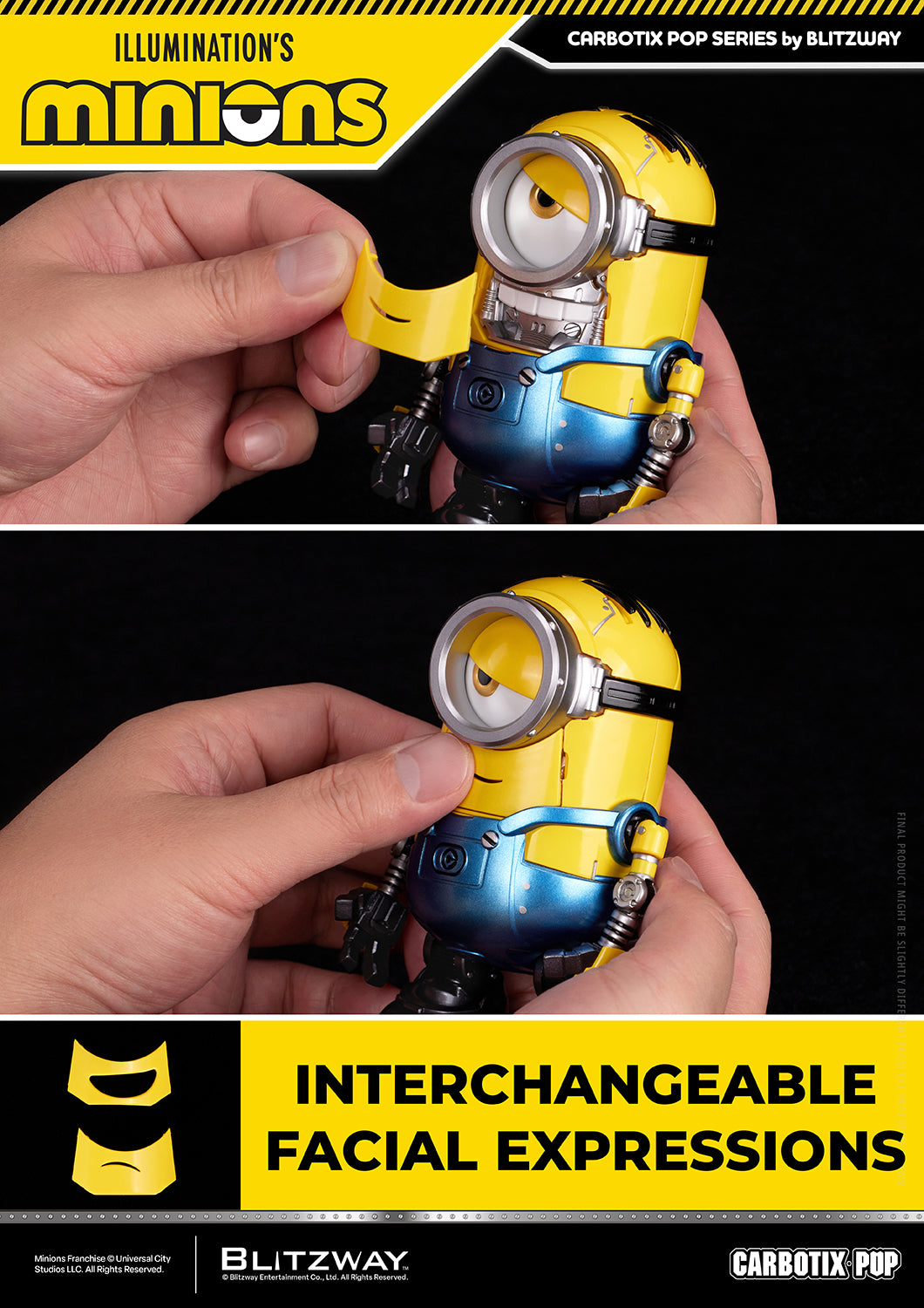 CARBOTIX Pop Minions demonstrating interchangeable facial expression plates, showing the removable front face panel and two swappable expression options for customized character displays.