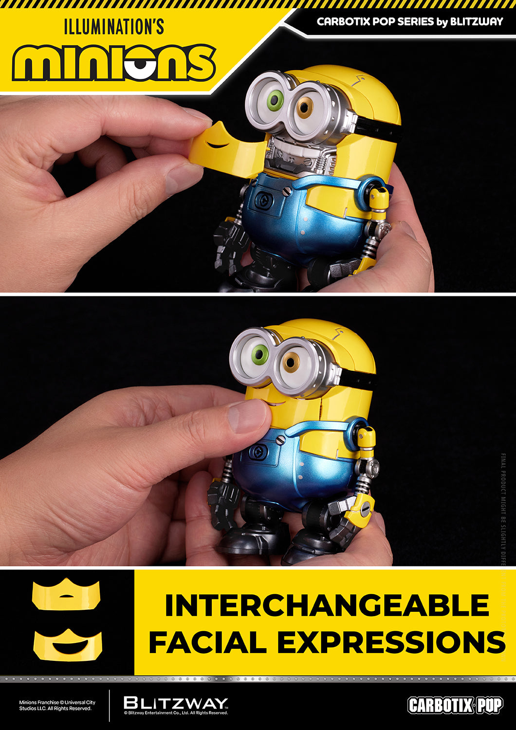 CARBOTIX Pop Minions by Blitzway demonstrating interchangeable facial expressions. Bob's removable face plate can be swapped to change expressions, showcasing an easy face replacement system with detailed robot-inspired engineering and articulated mechanical design.