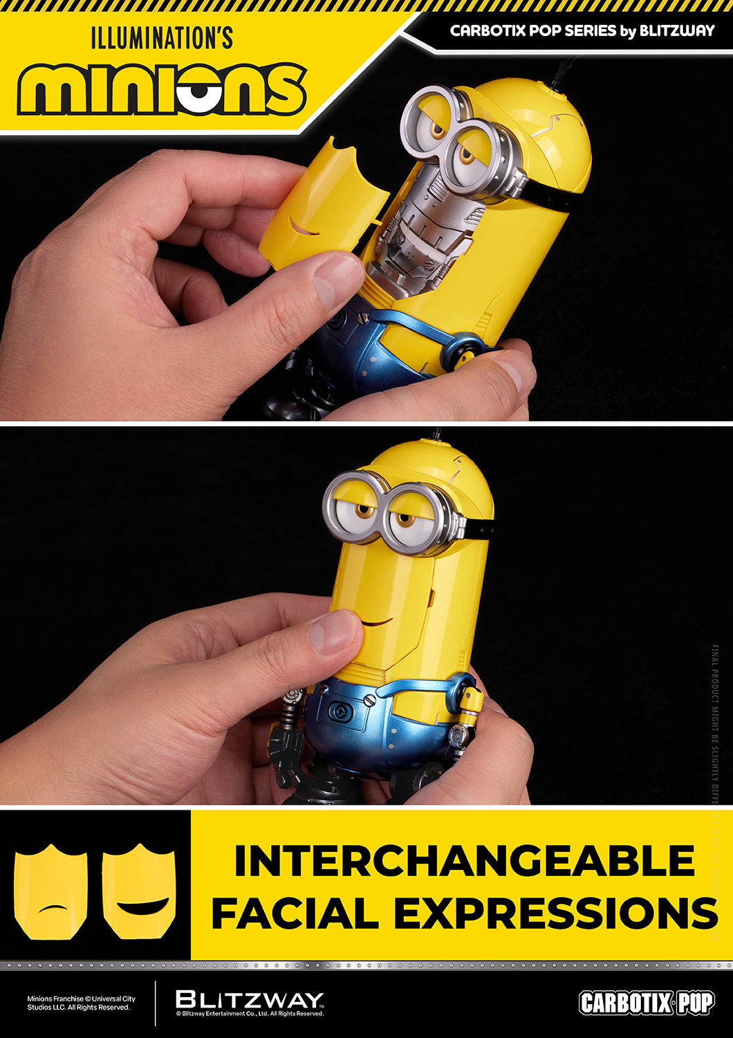 Kevin from the Minions Carbotix Pop Action Figure series demonstrating interchangeable facial expression parts, allowing mouth piece swaps for multiple expressions and enhanced display customization.