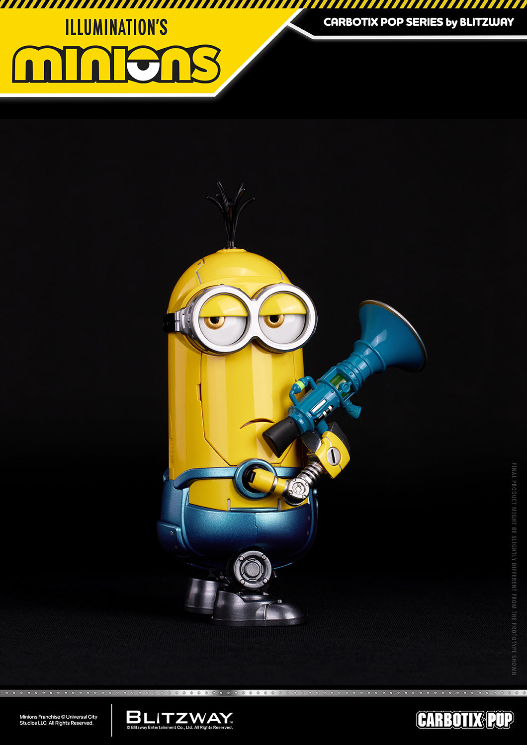 Kevin from the Minions Carbotix Pop Action Figure series holding his signature megaphone with a serious facial expression, showcasing articulated joints and display-ready posing.