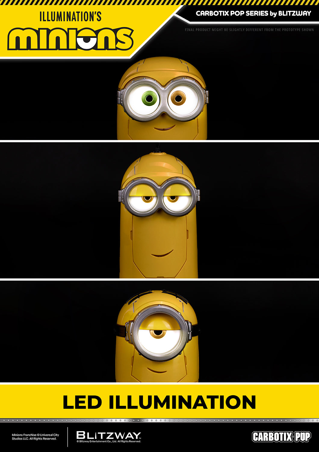 Close-up of Bob, Stuart, and Kevin from the Minions Carbotix Pop Action Figure series showcasing the built-in LED illumination feature, highlighting each character's illuminated eyes and signature facial expressions.