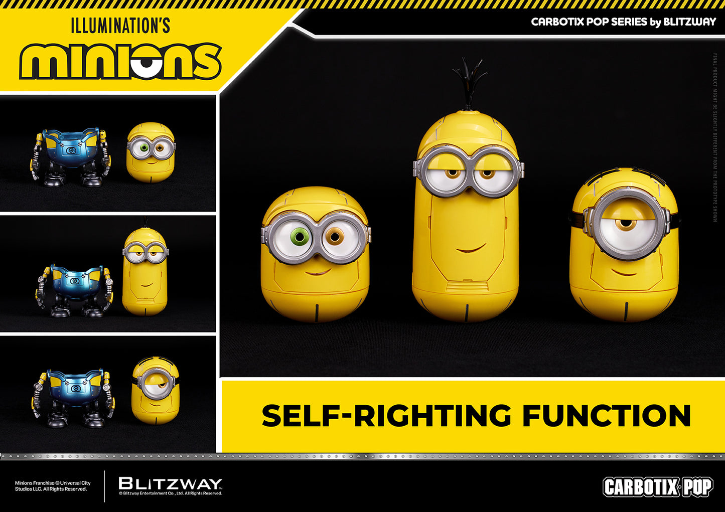 Carbotix Pop Minions Action Figures demonstrating the self-righting function, with Bob, Kevin, and Stuart automatically returning upright after their robot bodies are separated from their rounded heads.