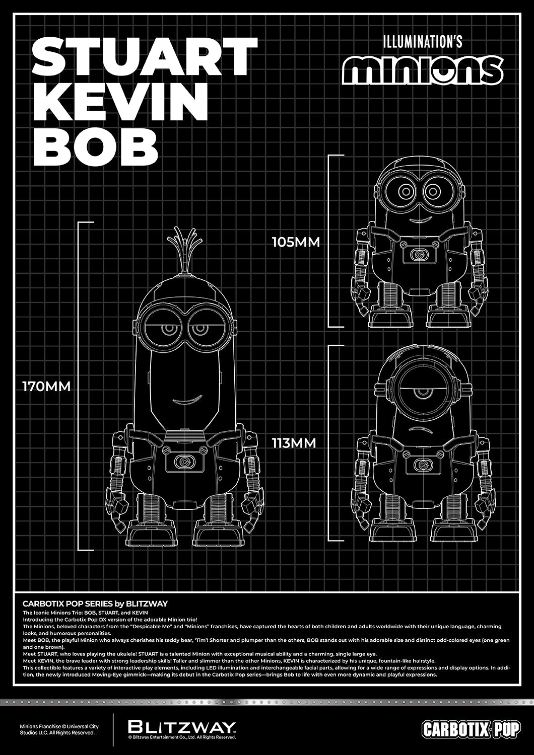 Blueprint-style size comparison of CARBOTIX Pop Minions featuring Kevin (170 mm), Stuart (113 mm), and Bob (105 mm), with front-view technical line art and product dimensions displayed on a black grid background.