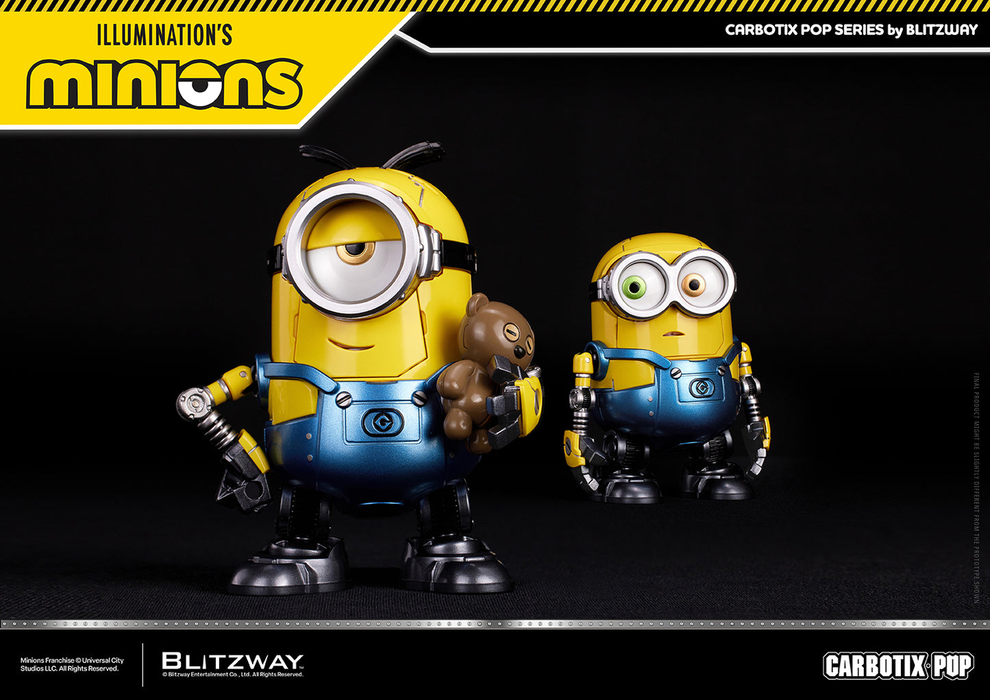 CARBOTIX Pop Stuart action figure by Blitzway holding Tim the teddy bear beside Bob, showcasing detailed robotic sculpt, articulated joints, and character accessories against a black studio background.