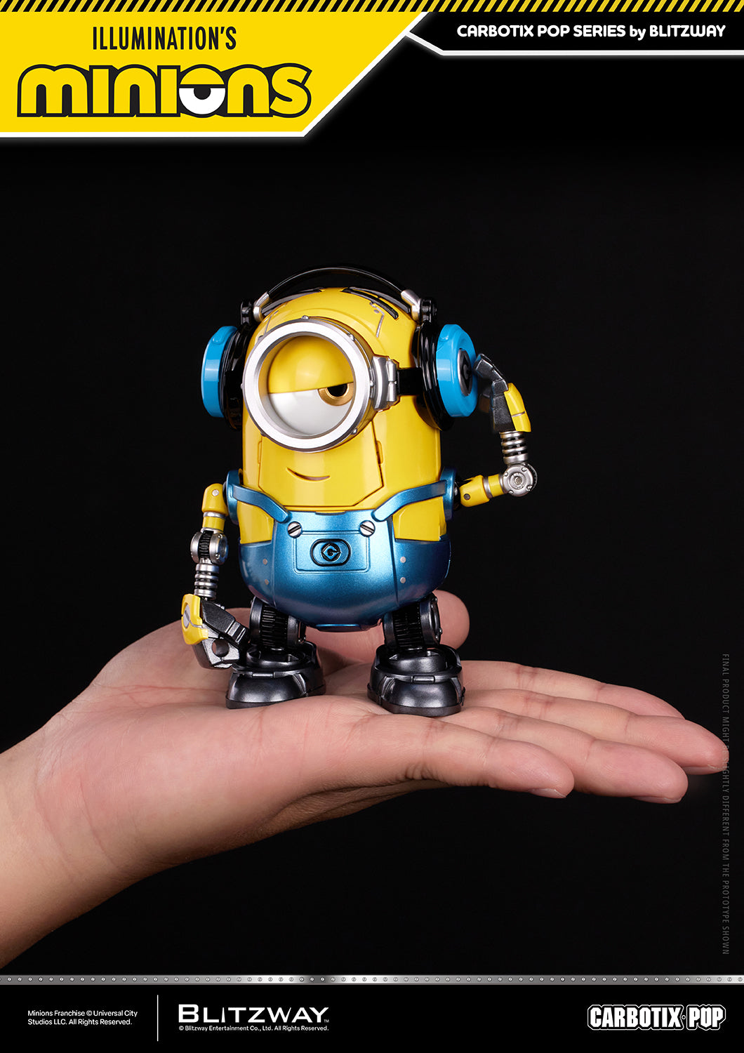 CARBOTIX Pop Stuart action figure by Blitzway standing on a hand to demonstrate scale, wearing blue headphones with articulated robotic details against a black studio background.