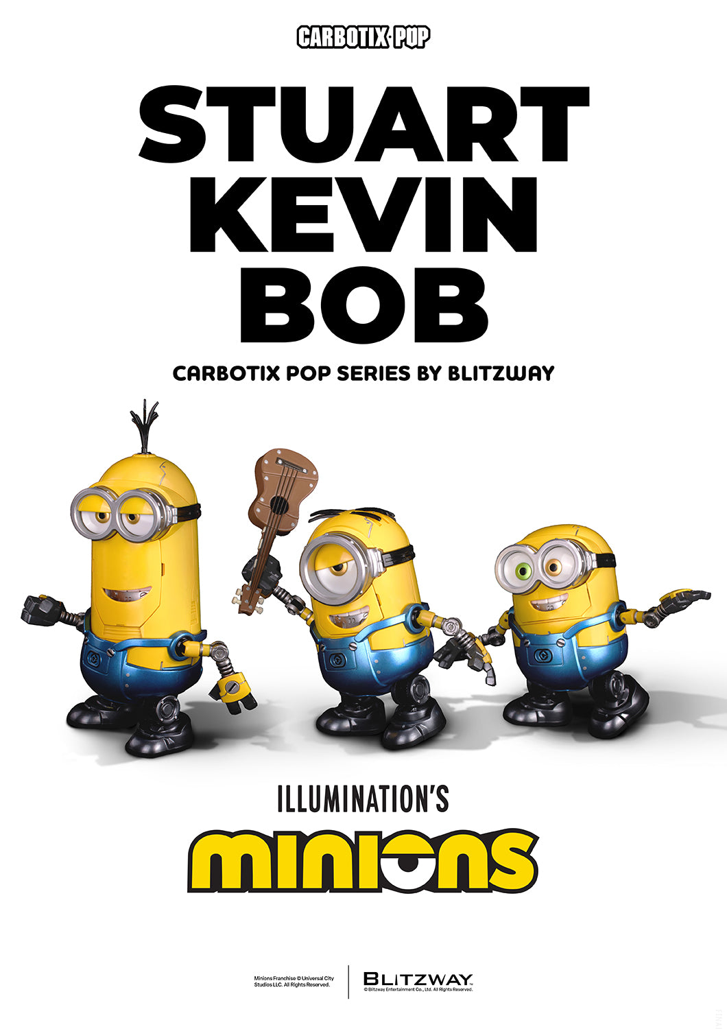 CARBOTIX Pop Minions by Blitzway featuring Stuart, Kevin, and Bob posed together on a clean white background. Kevin stands on the left, Stuart plays a ukulele in the center, and Bob smiles on the right beneath the official Minions logo.