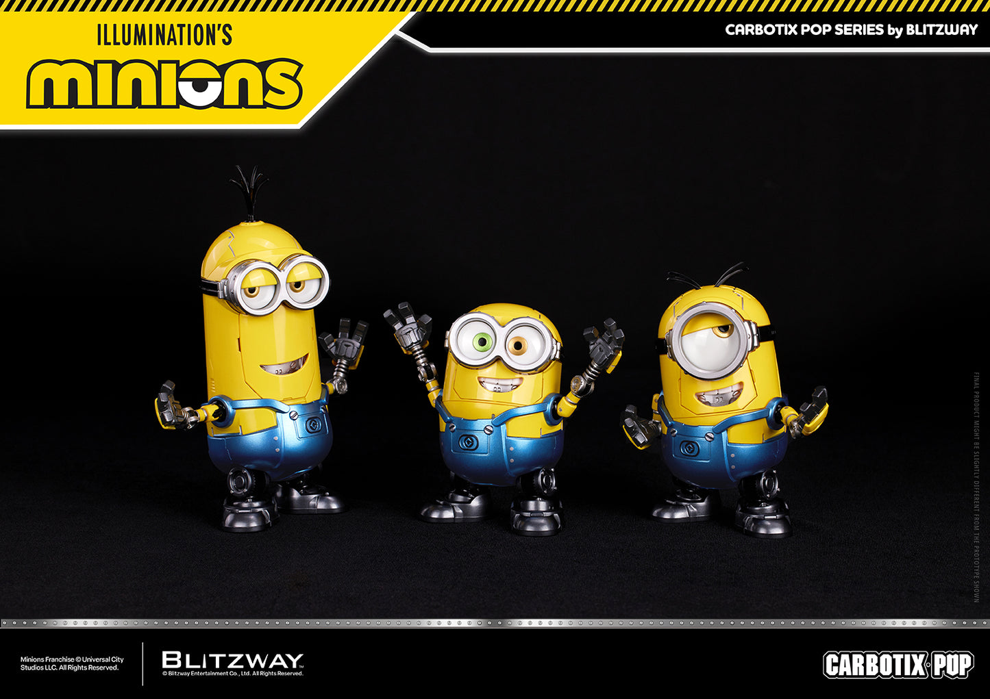 Minions Carbotix Pop Action Figures of Kevin, Bob, and Stuart in cheerful poses, featuring expressive robot-inspired designs, articulated arms, and the signature personalities of the iconic Minions trio.