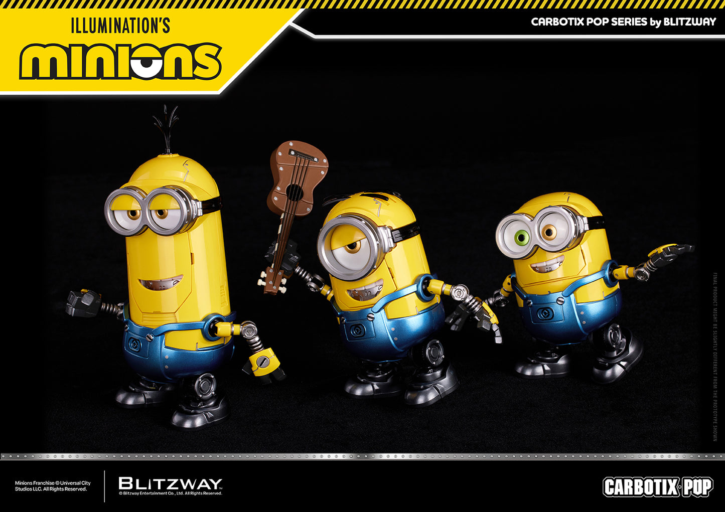 Carbotix Pop Minions Action Figures featuring Kevin, Stuart, and Bob in playful poses, with Stuart holding his ukulele while the trio showcases expressive faces and articulated robot bodies.
