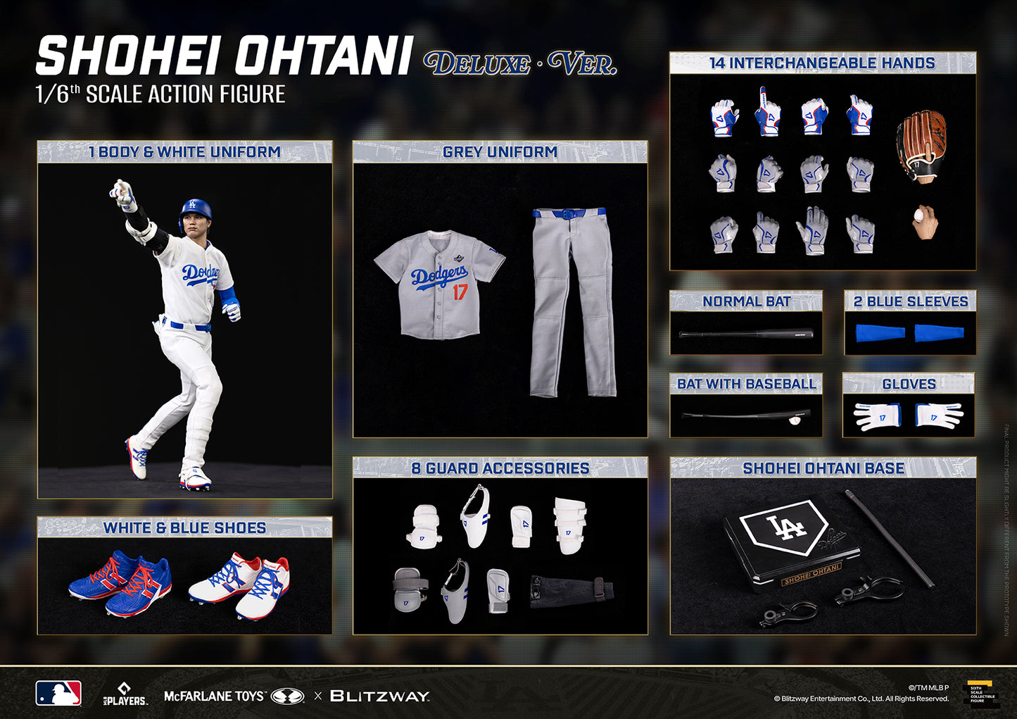 Shohei Ohtani 1/6 Scale Action Figure Deluxe Version by McFarlane Toys and Blitzway displaying the complete accessory set, including interchangeable hands, white and gray uniforms, shoes, bats, blue sleeves, gloves, protective gear, and display base.