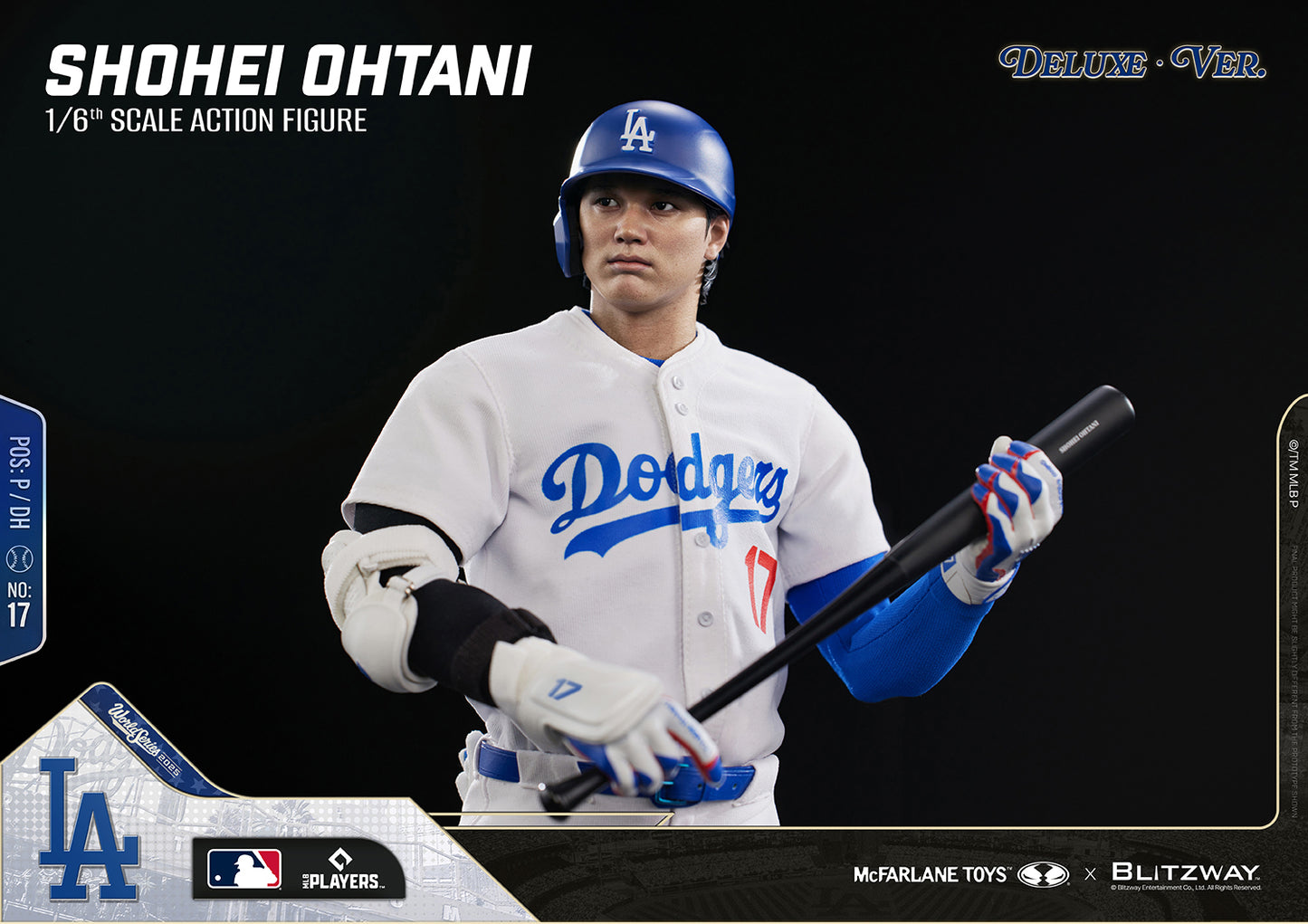 Shohei Ohtani 1/6 Scale Action Figure Deluxe Version by McFarlane Toys and Blitzway holding a baseball bat while wearing the Los Angeles Dodgers uniform.