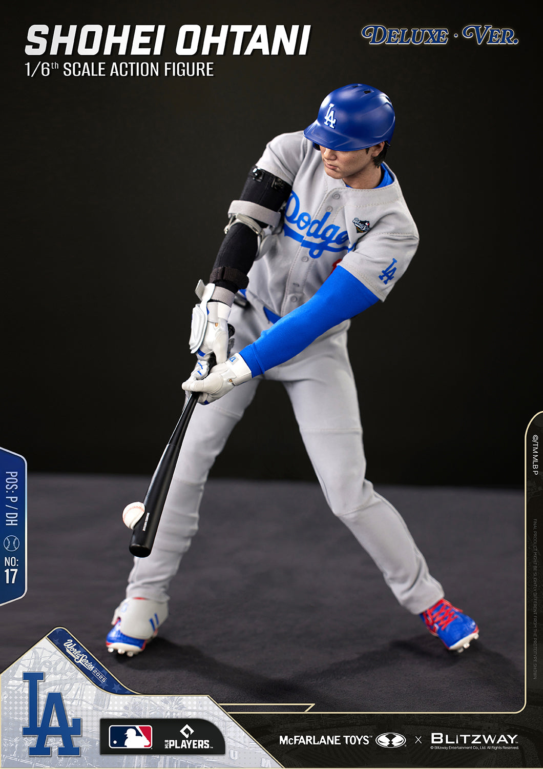 Shohei Ohtani 1/6 Scale Action Figure Deluxe Version by McFarlane Toys and Blitzway in a batting contact pose, connecting with the baseball while wearing the Los Angeles Dodgers gray uniform, highlighting realistic batting form and articulation.