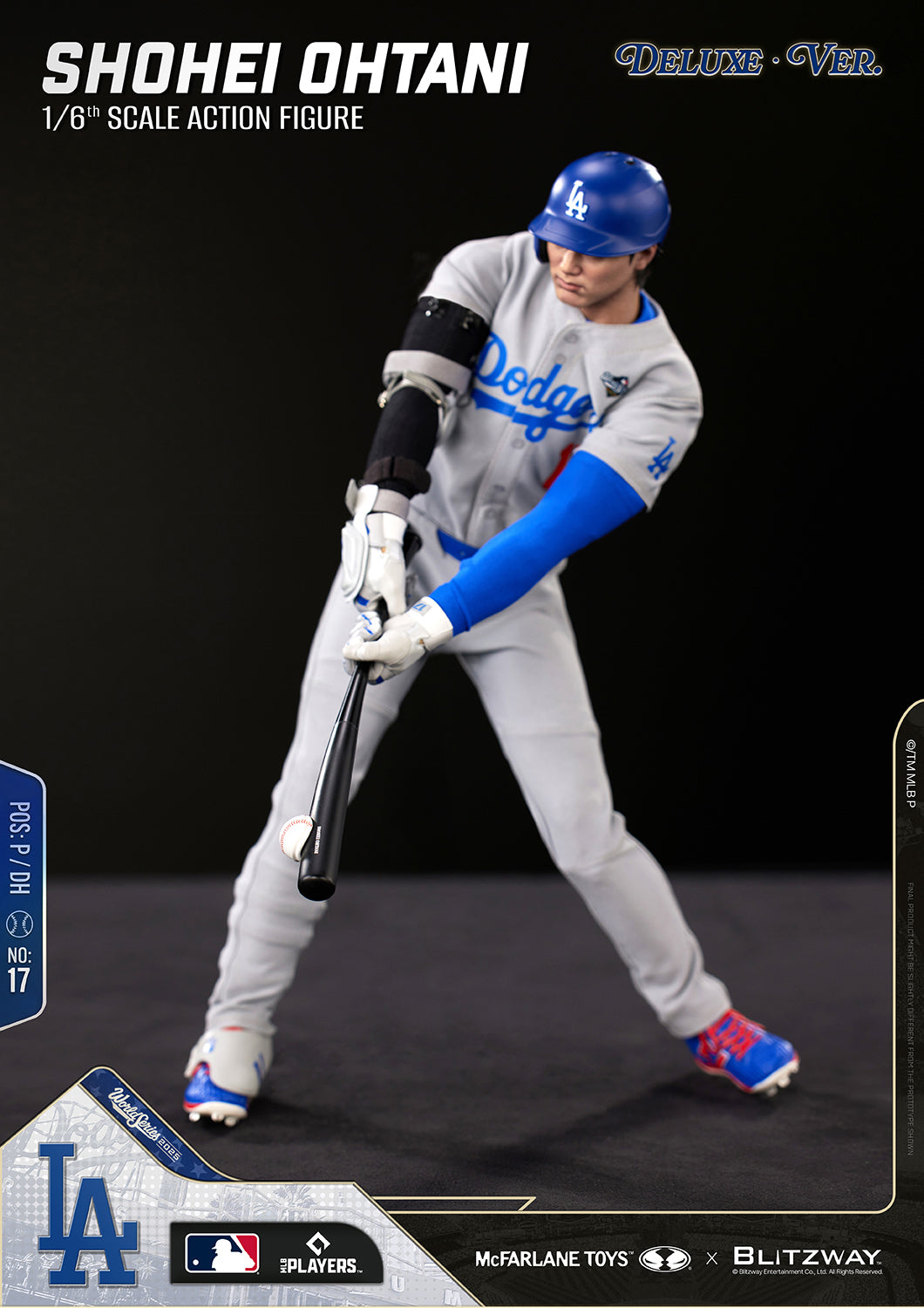 Shohei Ohtani 1/6 Scale Action Figure Deluxe Version by McFarlane Toys and Blitzway in a batting follow-through pose after making contact, wearing the Los Angeles Dodgers gray uniform and demonstrating realistic swing articulation.